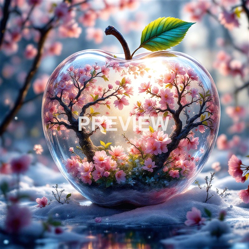 A glass apple-shaped container filled with cherry blossom branches and flowers, with sunlight shining through, set against a background of pink blossoms and snow.